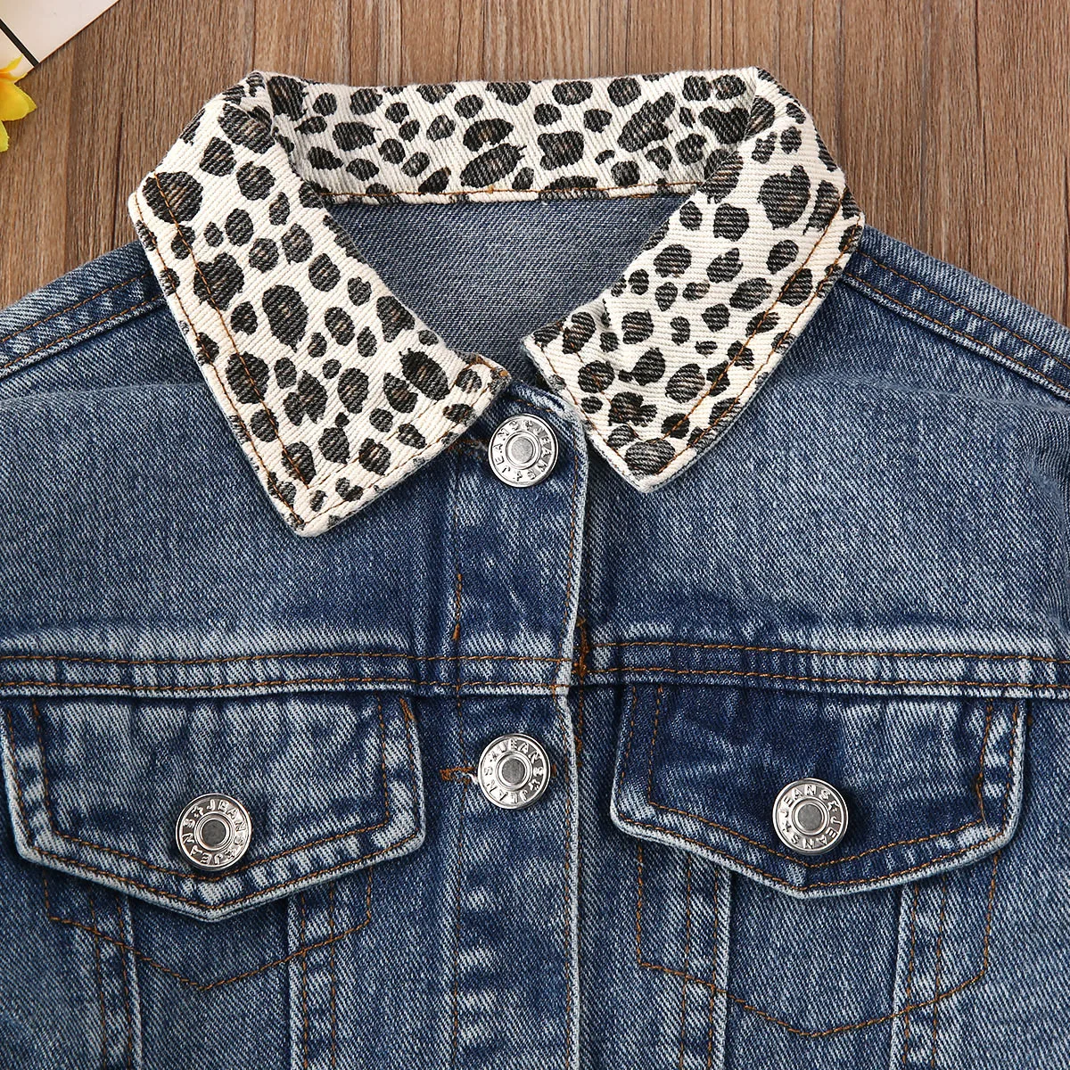 Autumn Coat Infant Baby Girl Jacket Kids Blue Denim Leopard Print Single Breasted Warm Outerwear Children Fashion | Детская одежда и