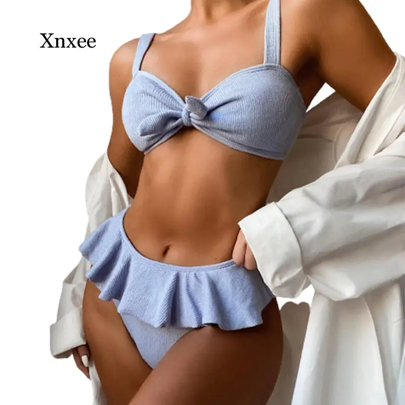 

Новинка 2021, бикини в рубчик с оборками, купальные костюмы с высокой талией, милый женский купальник пуш-ап с узлом, женский купальник, бикини, пляжная одежда