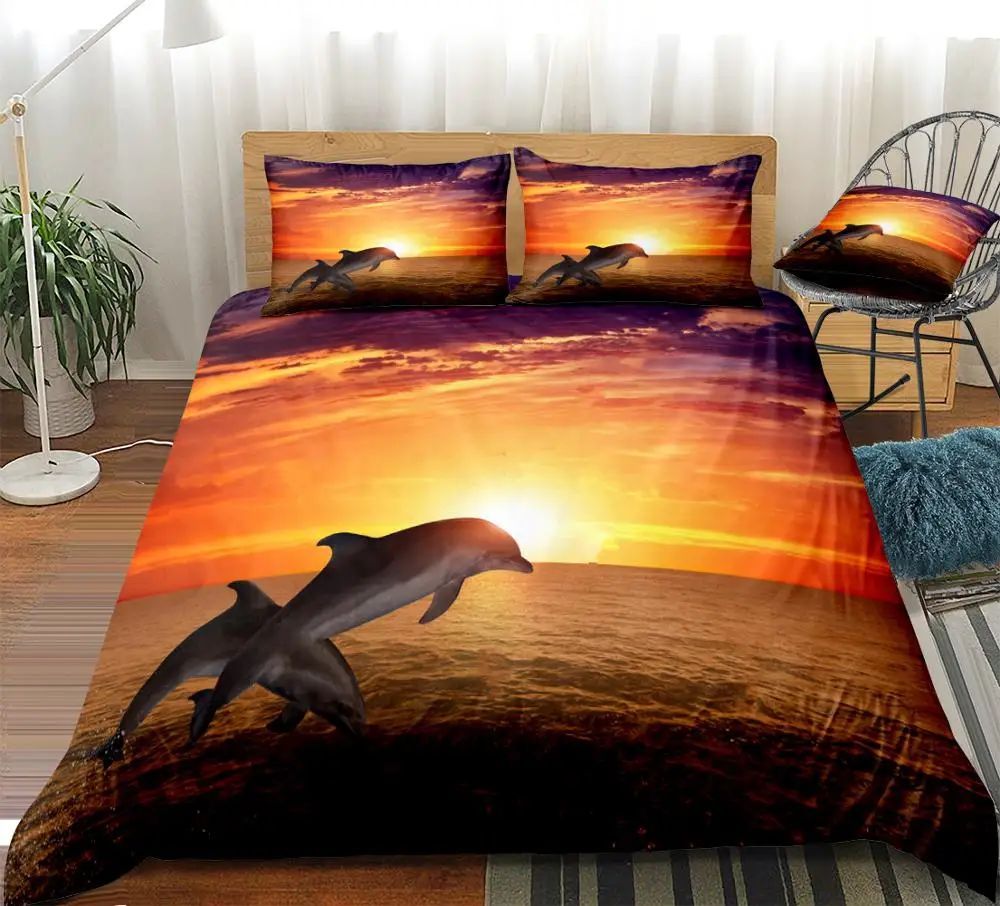 

Dolphin Bedding Set Animal Duvet Cover Set Sunset Bed Linen Ocean Home Textile Natural Bedclothes Kids Boys Girls Bedding Set