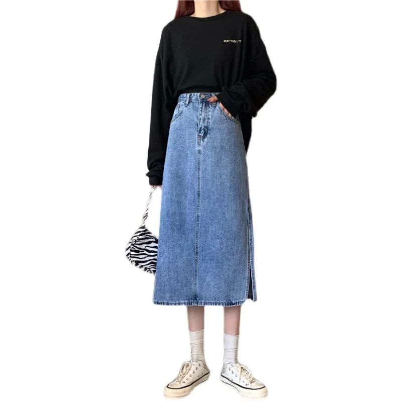

American fashion denim skirts midi length pencil skirt women's high waist A-line Split skirt hipline tight denim skirts BSQ074
