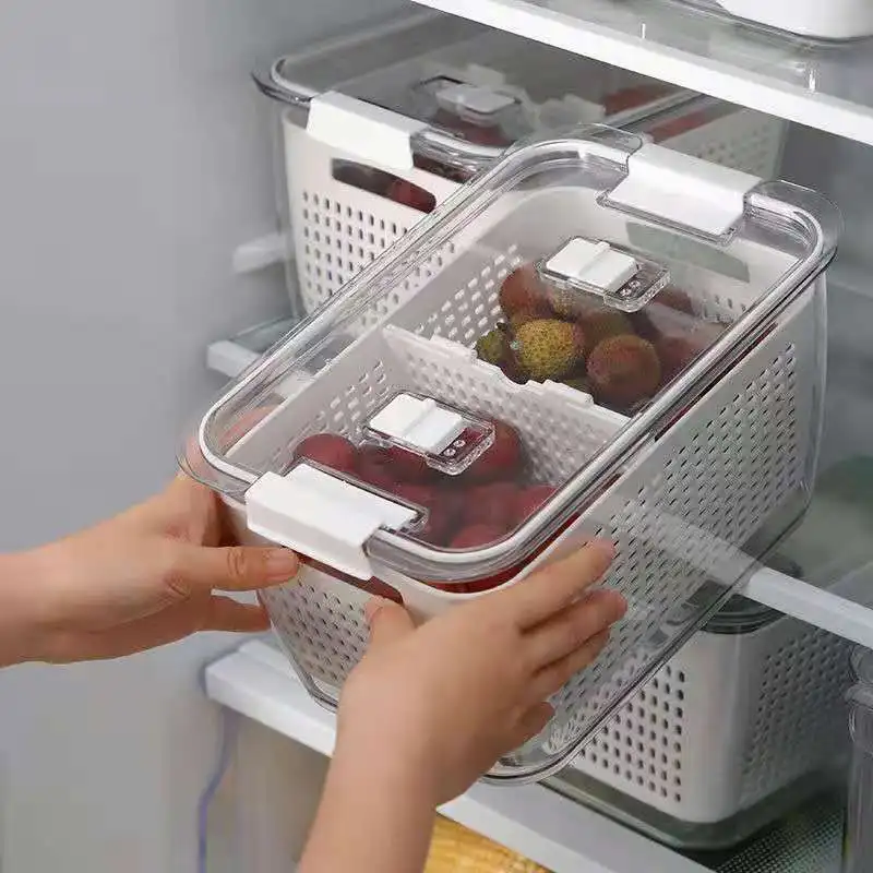 

double-layer food-grade plastic drain basket, refrigerator storage box, sealed adjustable partition, vegetable and fruit box