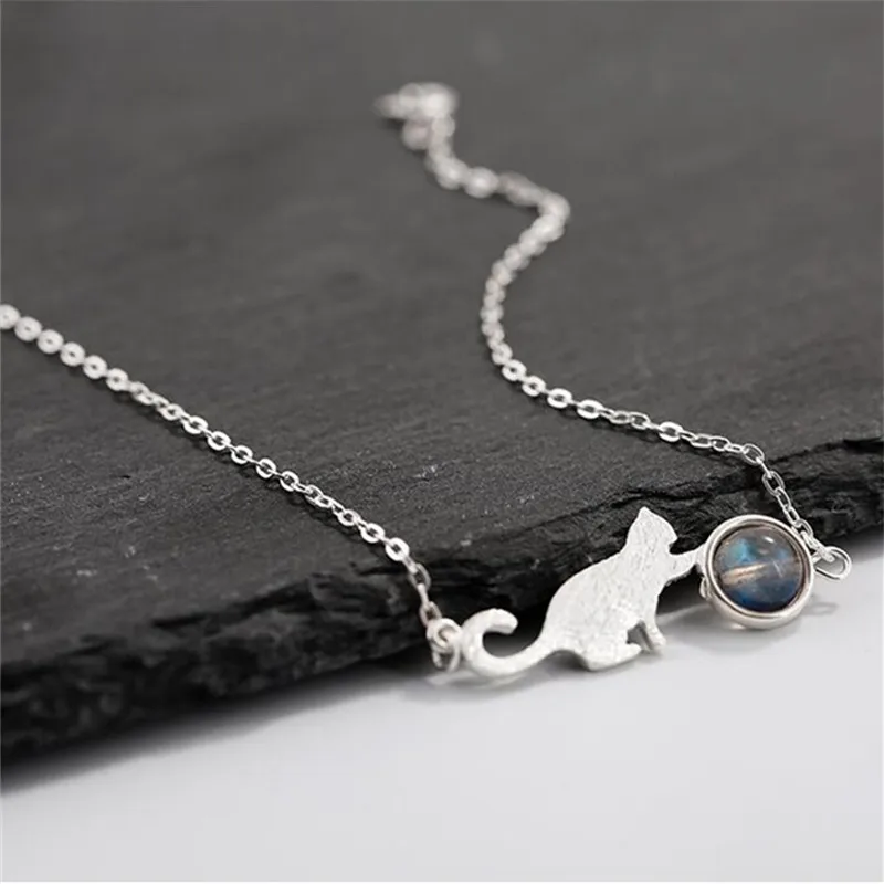 Мода 925 стерлинговый серебряный с лунным камнем кошка Шарм браслет и для женщин
