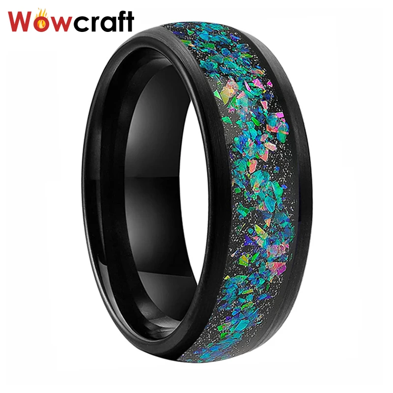 

8mm Men Women Wedding Bands Black Tungsten Carbide Rings Galaxy Crushed Opal inlay Domed Brushed Finish Comfort Fit