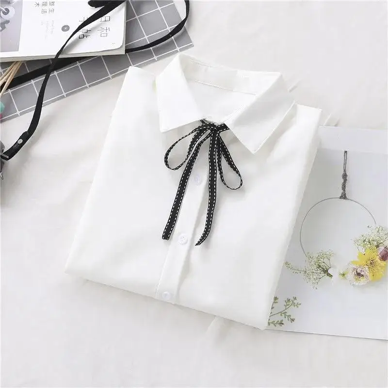 

EBAIHUI 2021 Summer Women Blouses Bow Tie Shirts White Solid Short Sleeve Basic Tops Shirts Female Preppy Style JK Uniform
