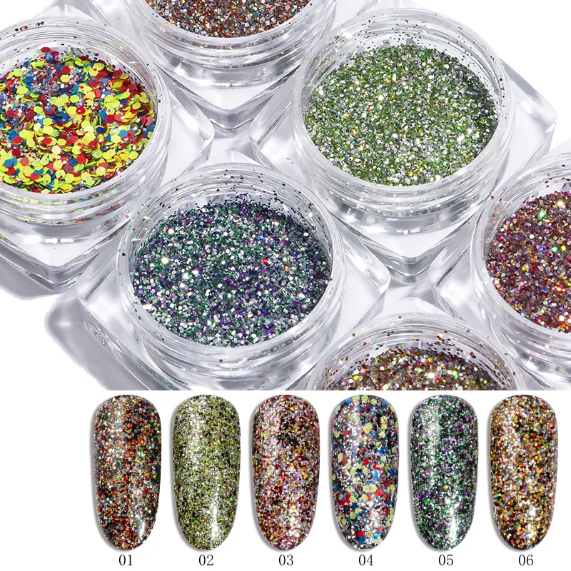 6 коробок/Набор для дизайна ногтей Блестящий Порошок блестки набор 3D лазерный