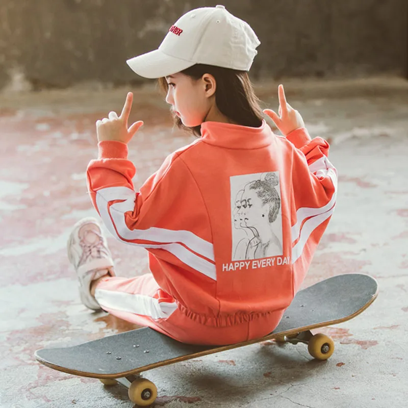 

Girl clothes jacket stripe stitching bat sleeves T-shirt pants Sportswear suit children's wear 3-12 kids quality