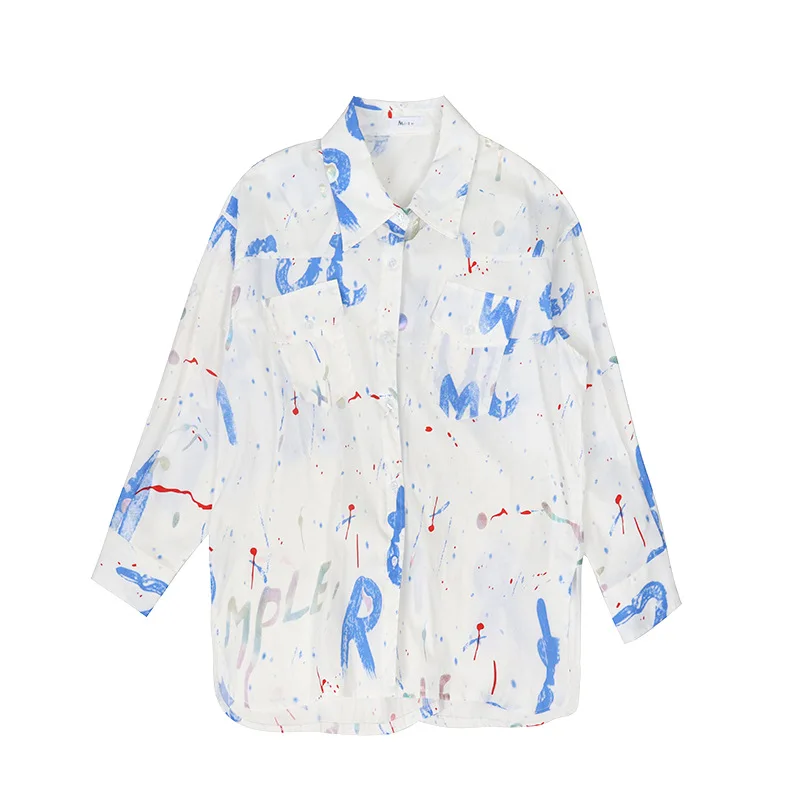 

2021 Spring Letter Panelled Print Shirts New Fashion Double Pockets Design Femme Blusas Casual Loose All Match Women Blouse