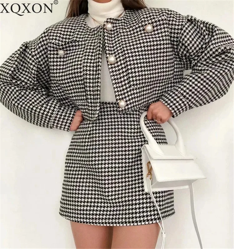 

Autumn new women's fashion retro quilted plaid skirt and blazer set 2 piece set office clothes women