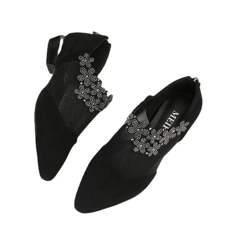 

Women's Shoes 2 New Lace Pointed Rough Heel Single Shoes Water Drill Breathable Sandals Women's Embroidery Women's Shoes
