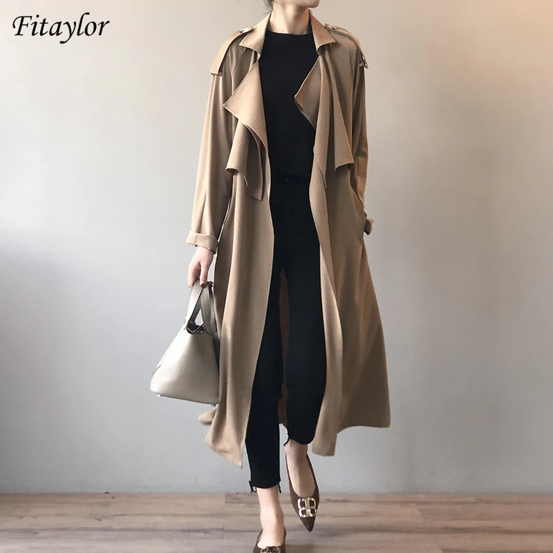 

Fitaylor Spring New Office Ladies Vintage England Long Windbreaker Coat Casual Sashes Slim Solid Khaki Trench Jacket Women