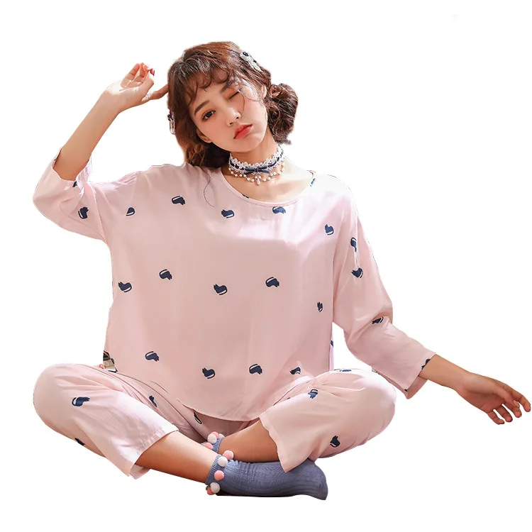

Cotton Silk In Spring and Summer Sets Round Collar Suit Trousers Sleeve Printed Household To Take Sonno Tops Ropa De Mujer