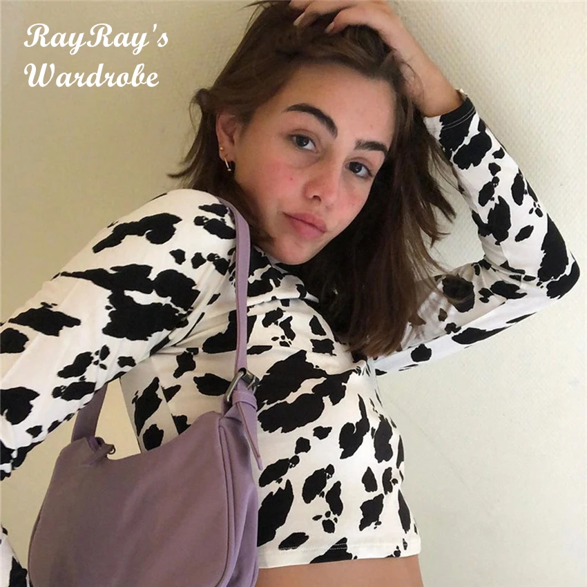 

Y2k Fashion Cow Print Basic Women Tshirt Autumn E-Girl Vintage Long Sleeve Top Tee Female 90's Soft Skinny Clothes Poleras Mujer