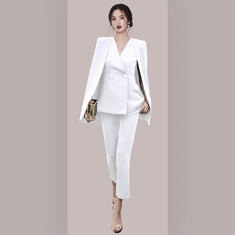 Runway Women Pants Suit Elegant Fall Winter Shawl Cloak V Neck Batwing Sleeve Blazers 2PCS Set And Office OL Pecnil Pants Set