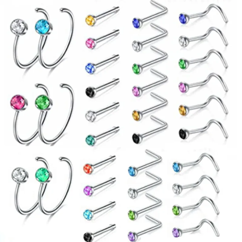 

5/10/20PCS Stainless Steel L Shape Nose Stud Set 20G Crystal Nose Ring Hoop Set Indian Crystal Nose Stud Bulk Piercing Nariz Lot