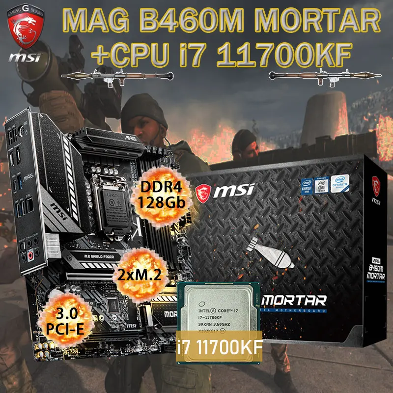 

LGA 1200 MSI MAG B460M MORTAR Motherboard Set + Intel i7 11700KF Combo DDR4 128GB M.2 PCI-E 3.0 Placa-mãe kit Desktop Intel B460