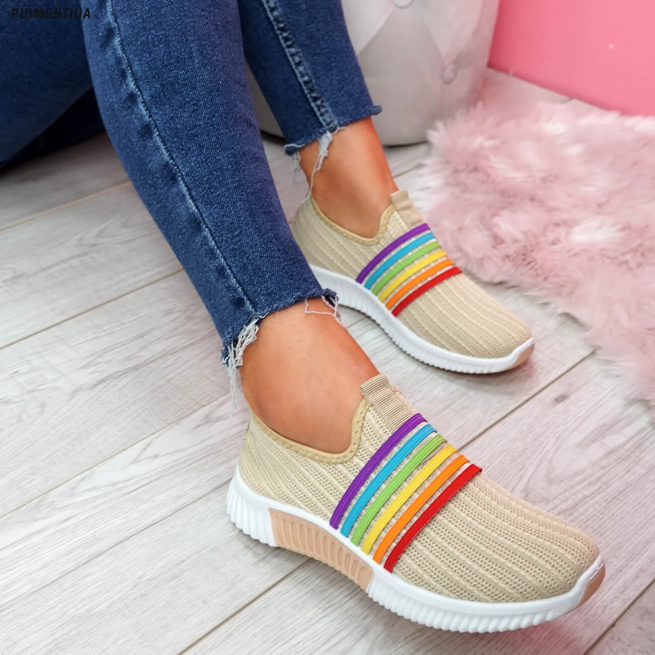 

2020 Rainbow Shoes For Women Sneakers Casual Flat Mixed Color Fashion Mesh Breathable Shoes Ladies Trainer Comfortable