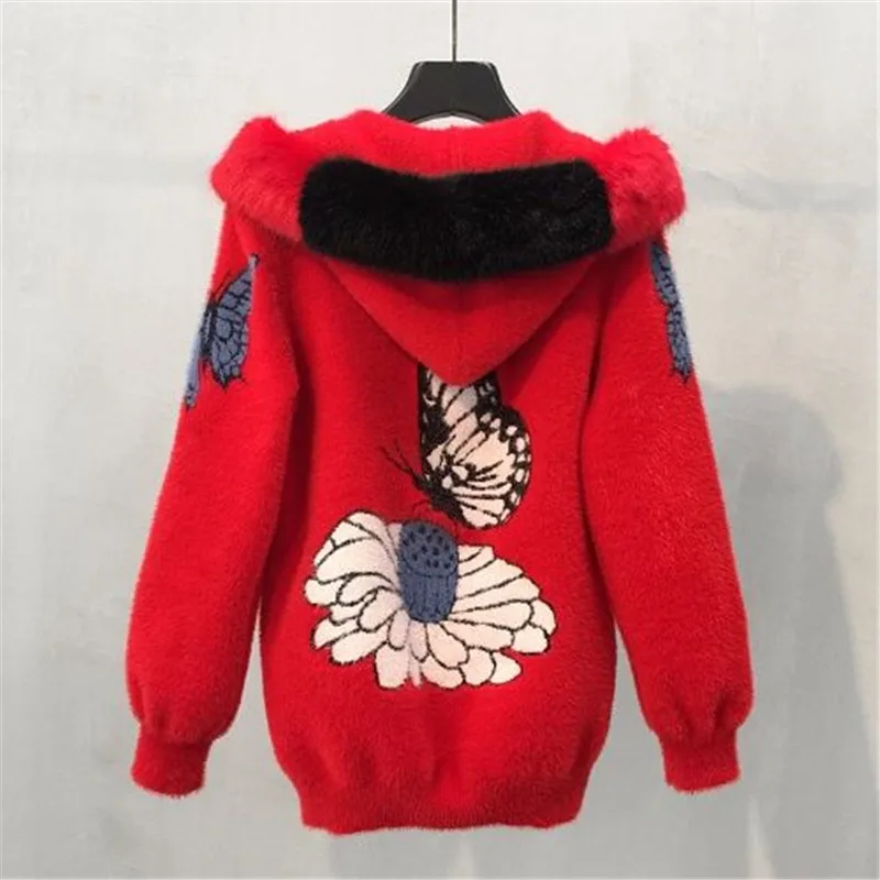 Цена 2021 женская Норковая Меховая куртка Осень и Зима Женское пальто свободный вышитый толстый бархатный свитер с капюшоном женский кардиган