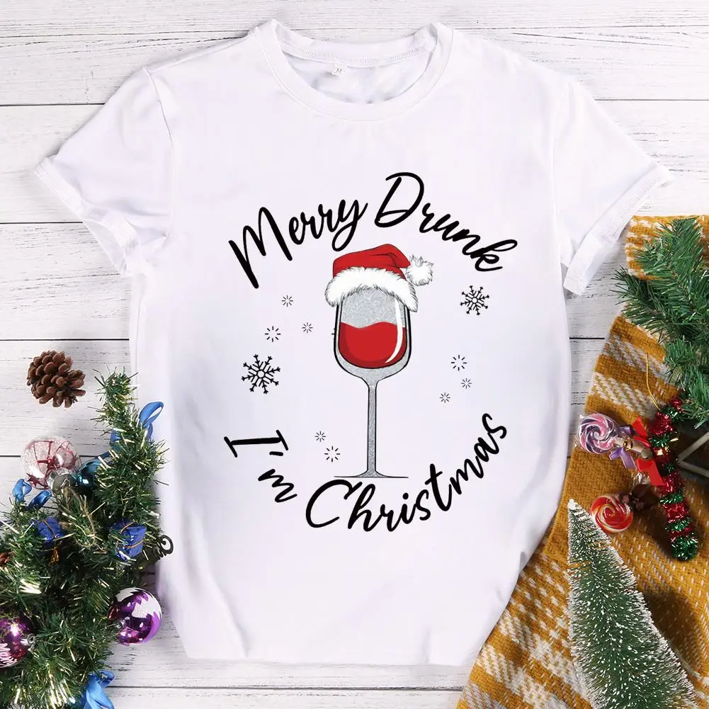 

White Christmas T-shirt Fashion Drinks Elk Snowman Flamingo Tees O Neck Women Men Short Sleeve Tops