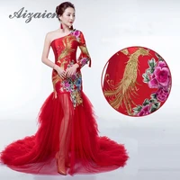 long evening dress irregular shoulder tassel embroidery tulle red formal wedding qipao party dress women oriental style dresses