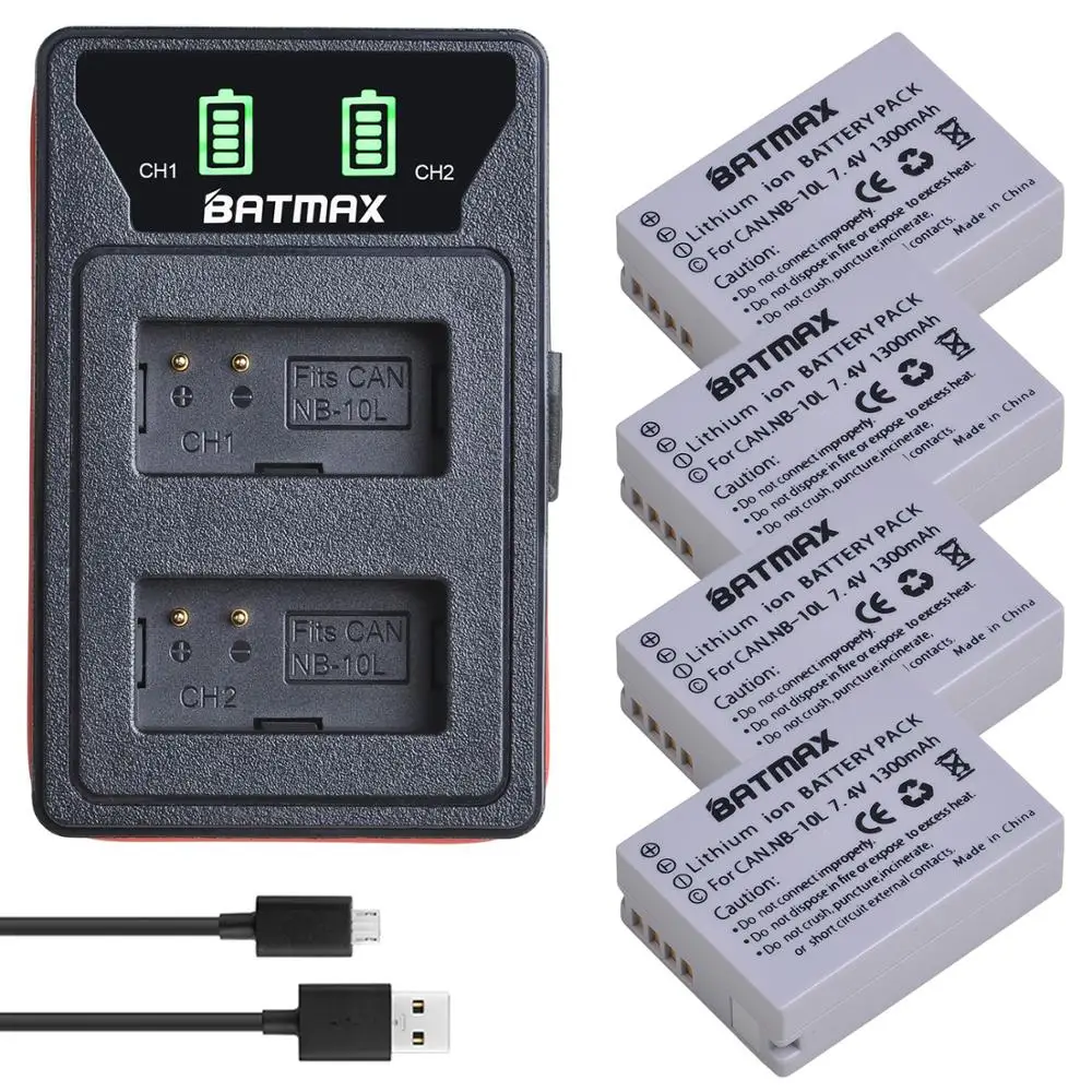 

Batmax NB-10L NB10L Battery+LED Dual Charger with Type C Port&USB Cable for Canon G1X G15 G16 SX40HS SX50HS SX60HS SX40 SX50