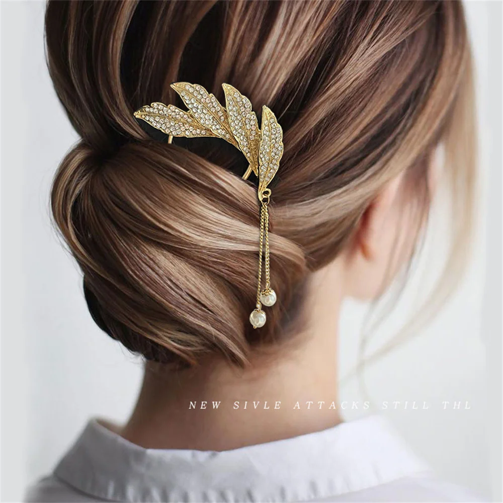 

Vintage Rhinestone Feather Leaf Hairpin For Thick Hair For Elegant Lady With Exquisite Pendant U-shaped Hairpin Hair Accessories