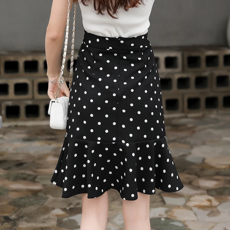 

2020 New Spring Summer Women Skirt Korean Fashion High Quality Dots Print High Waist Midi Mermaid Skirt With Safety Shorts