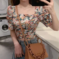 square collar puff slevee short tops women summer vintage floral t shirts korean one piece clothing spring casual ladies sweet