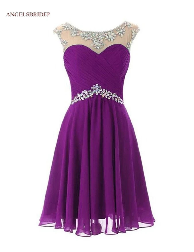 ANGELSBRIDEP Sheer Neck Short Homecoming Dresses Sparkly Crystal Waist Chiffon Junior Graduation Formal Gowns Hot Robe De Bal | Свадьбы и