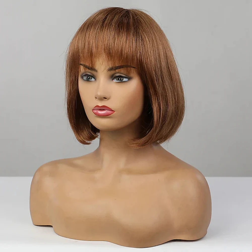 

50% human hair & 50% high quality synthetic Fiber Wig Brown short Bob straight Asymmetrical With Full Bangs Blonde Women