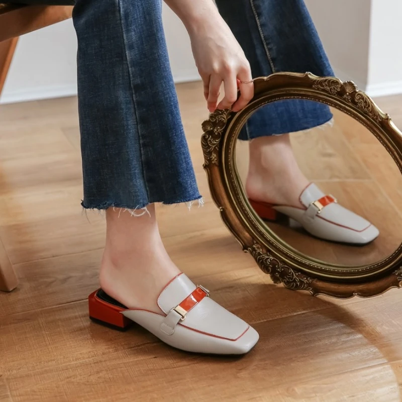 

RIZABINA Women Sandals Shoes Fashion Square Toe Shoes Women New Design Nice Real Leather Thick Heels Lady Slippers Size 34-39