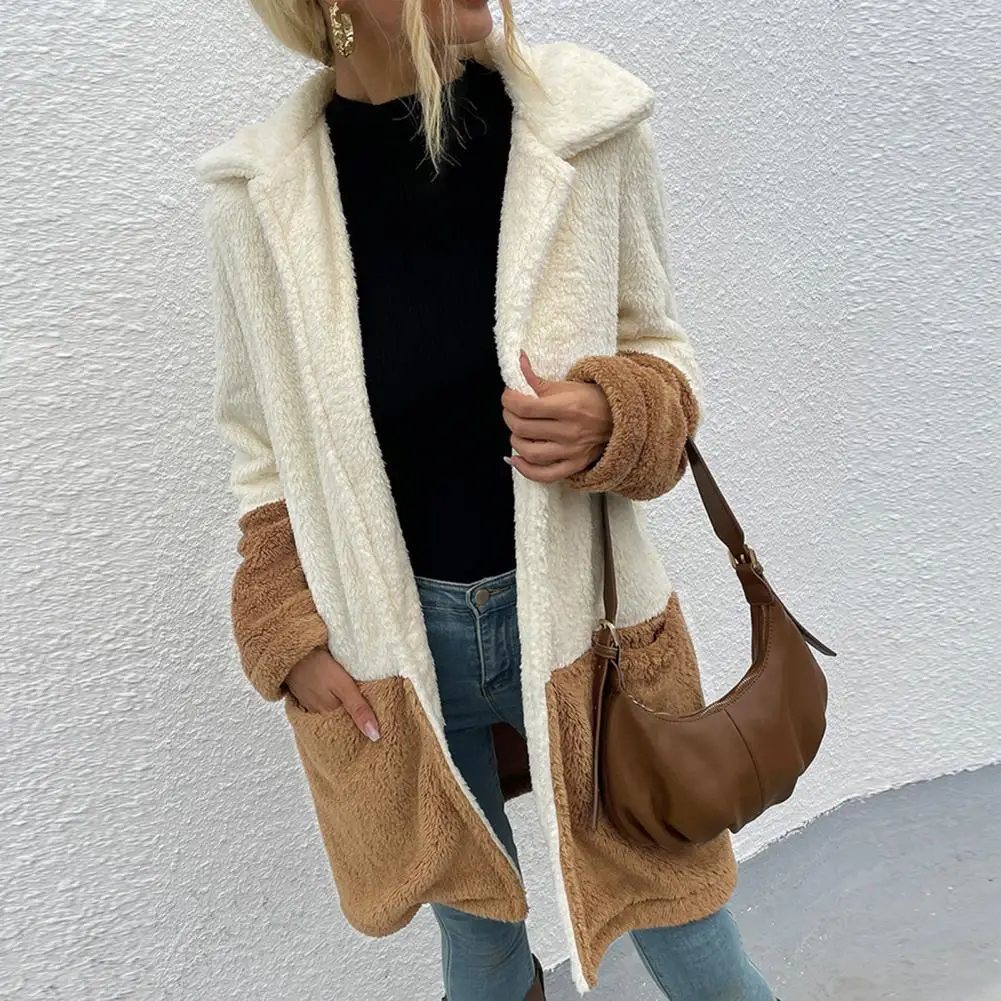 

Open Front Long Sleeve Winter Coat Double-Sided Velvet Matching Color Lapel Pockets Women Coat Outerwear