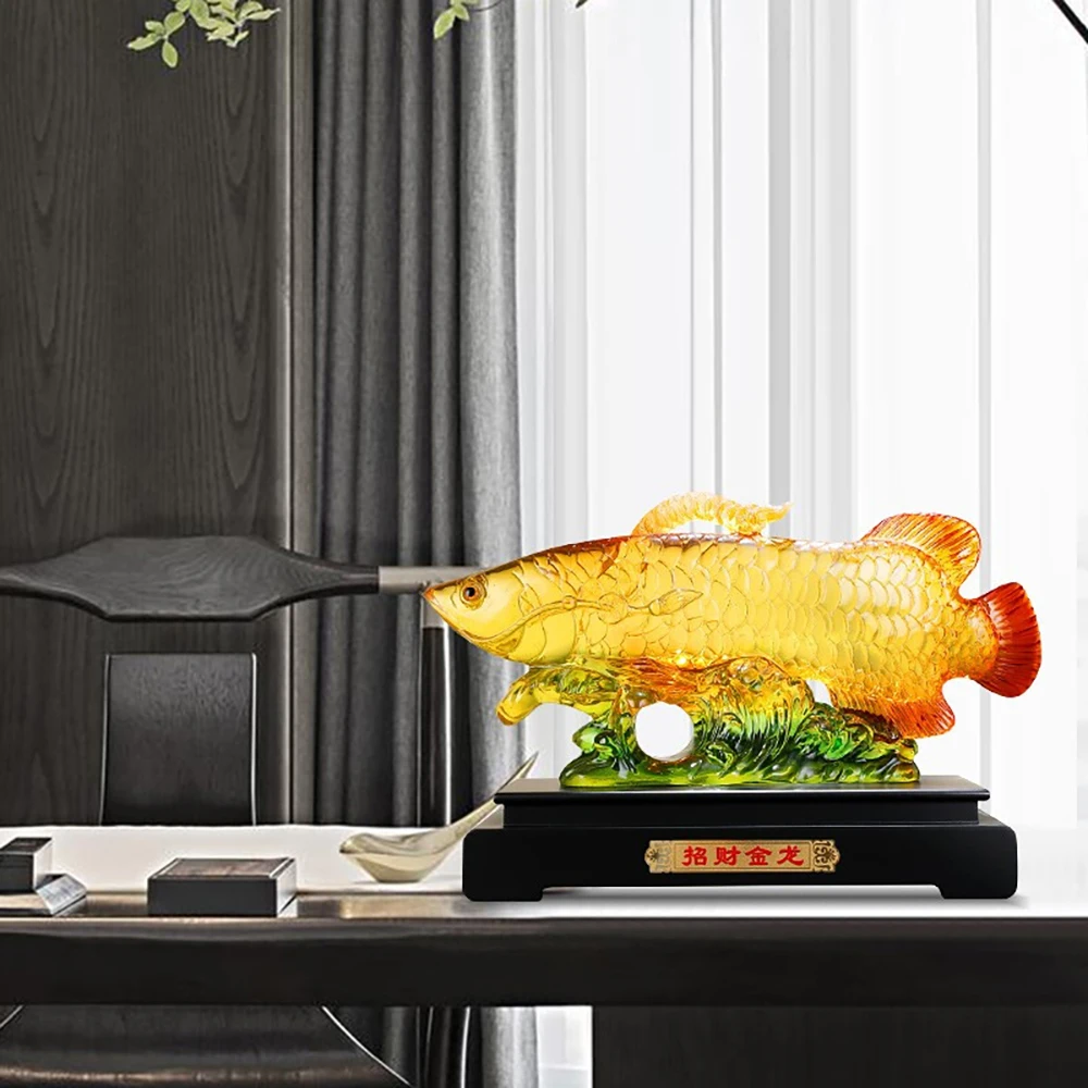 Chinese Style Lucky Fortune Wealth Mascot Golden Arowana Resin Fish Statue Home Decoration Housewarming Office Shop Opening Gift