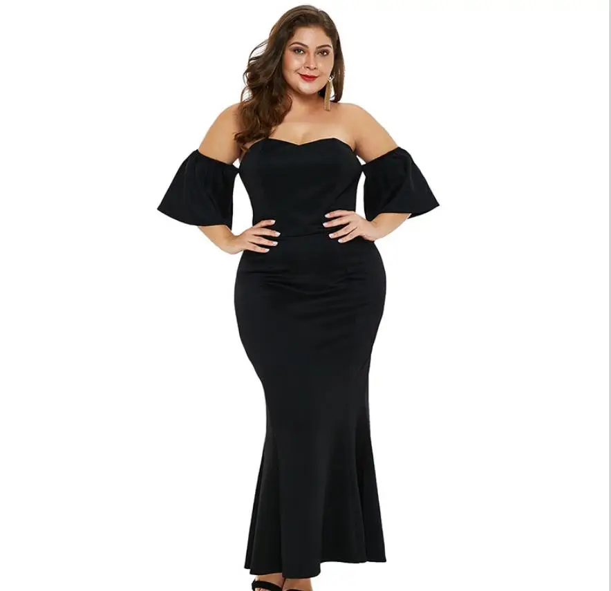 

Elegant Women Formal Trumpet Dress Strapless Ruffles Short Sleeves Off Shoulder Slimming Waist Sexy Lady' Dresses Party Wear