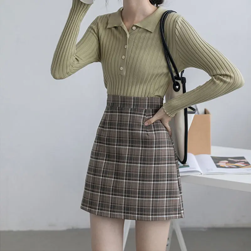 

Autumn Winter Women's Vintage A Line Plaid Skirt Female High Waist Slim Short Skirts Fashion MINI Skirts For Women