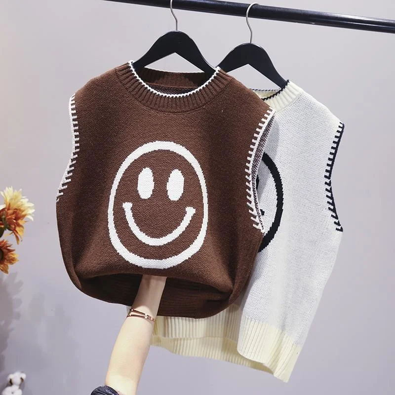 

2021 Spring New Korean Loose Cartoon Smiley Jacquard Sweater Round Neck Sleeveless Short Knit Waistcoat Vest Women Y562