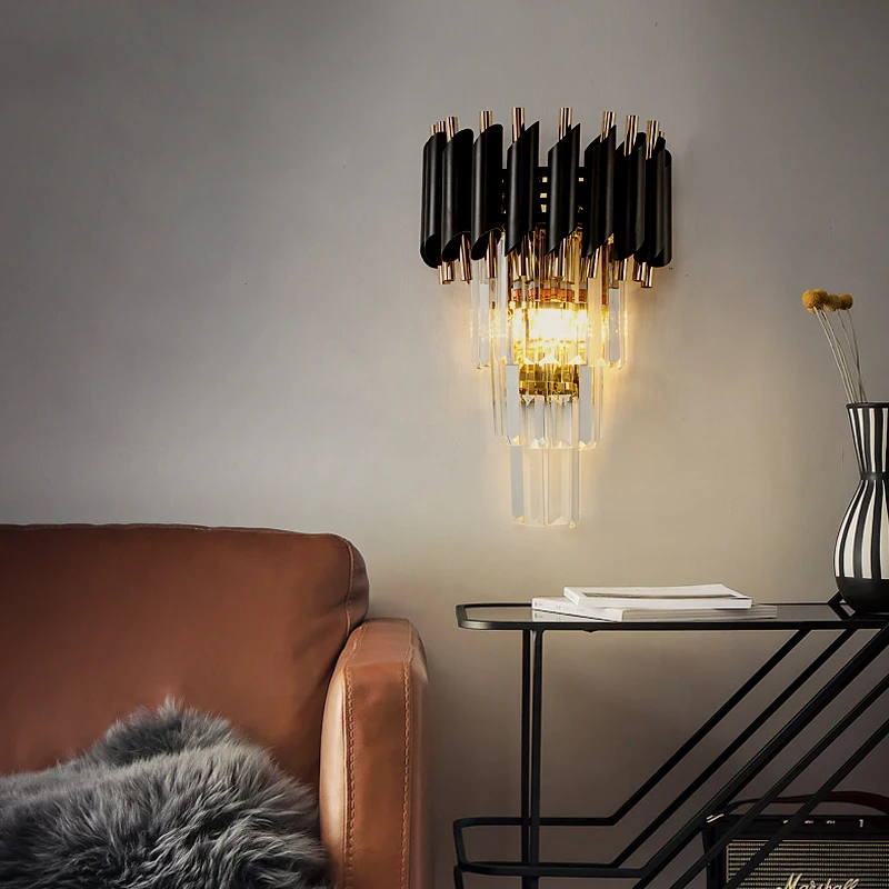 FKL Modern Crystal Black Gold Wall Lamp Postmodern Bedroom wall bedside aisle lamp For Indoor Light Fixtures | Лампы и освещение