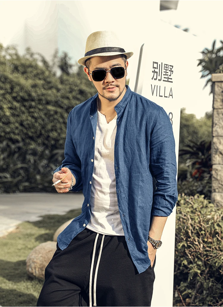 Рубашка мужская с длинным рукавом однотонная льняная блузка Slim Fit в повседневном