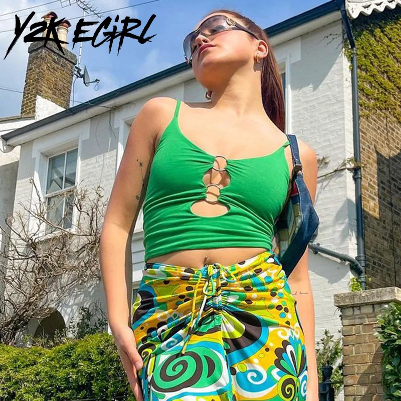 

Y2K EGIRL 2000s Aesthetics Hollow Out Sexy Cami Tops Y2K Streetwear Backless Spaghetti Strap Solid Crop Tops Summer Green Tanks