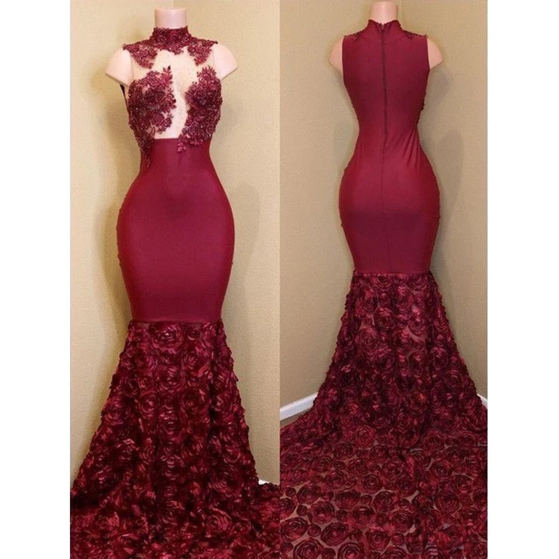 

Burgundy Long Mermaid Prom Dresses New Sleeveless Lace Applique Sweep Strain High Neck Formal Evening Gowns Party Dress