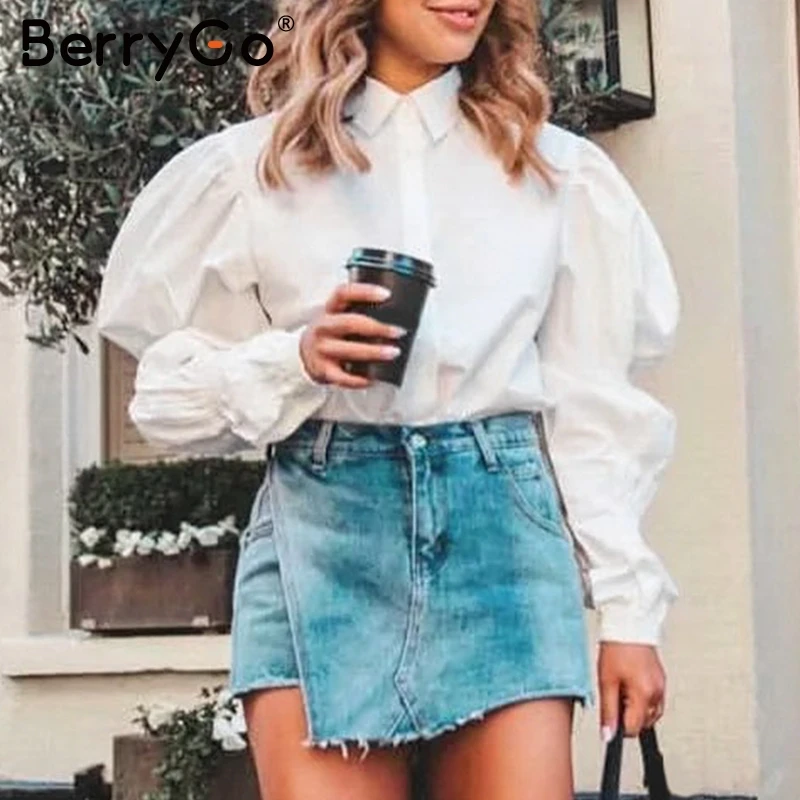 BerryGo Элегантная блузка с воротником стойкой женская рубашка на осень и зиму