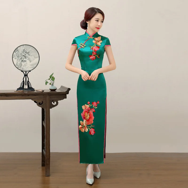 Женское праздничное длинное платье-Ципао светло-голубое винтажное вечернее