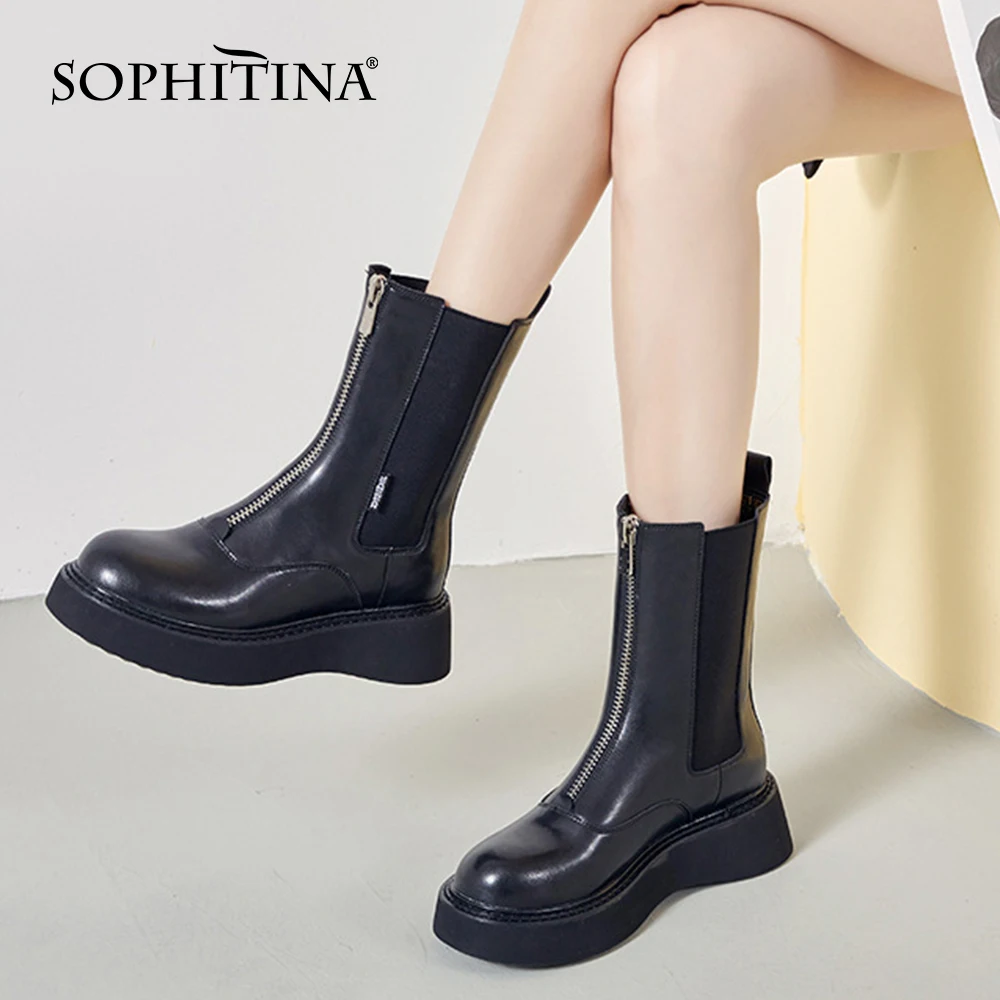 

SOPHITINA Thick-soled Women's Boots Non-slip Chelsea Pull-on Round-toe Shoes Front Zipper Commuter Versatile Woman Boots NO170
