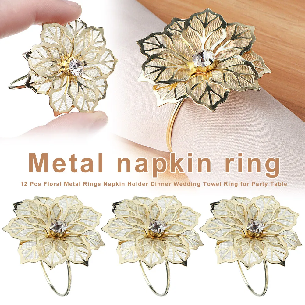 Hot Sale 12 Pcs Floral Metal Rings Napkin Holder Dinner Wedd