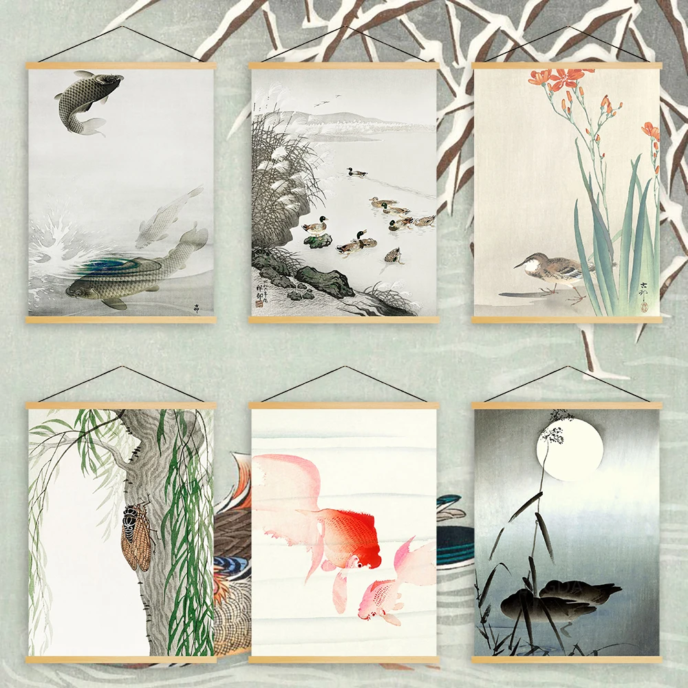 

Home Decoration Modern Wall Artwork Plant Picture Wooden Scroll Hanging Fish Duck Painting Print Canvas Poster For Living Room
