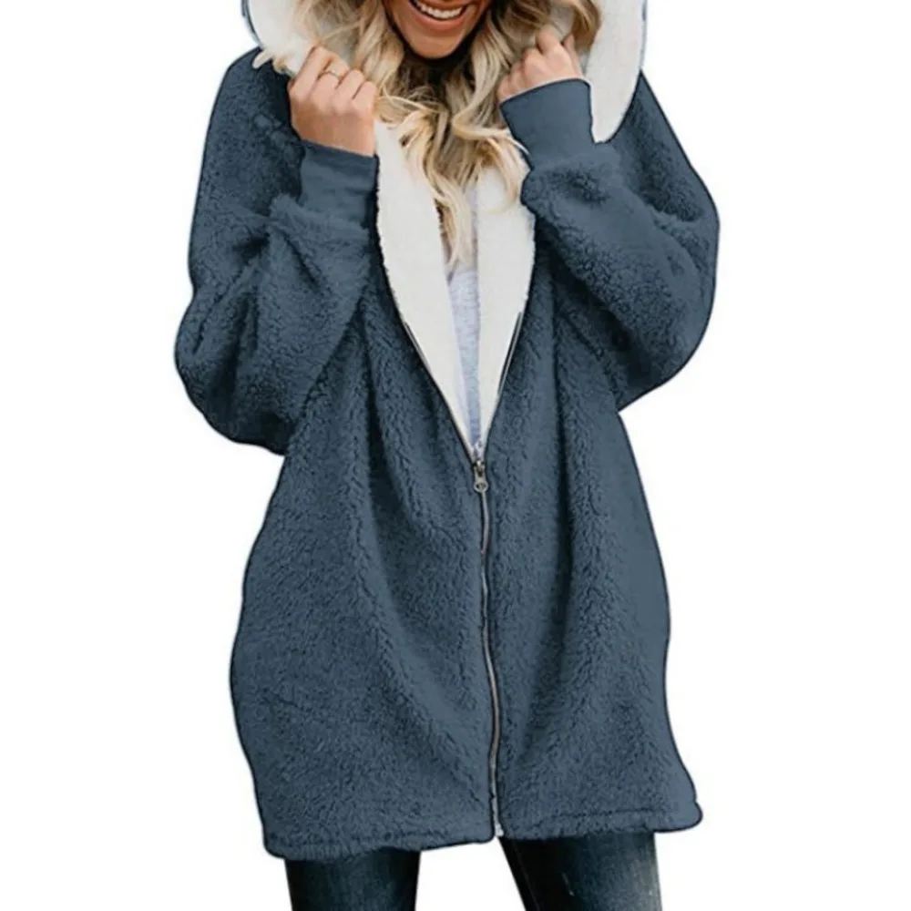 Зимняя Длинная толстовка на молнии пальто плюшевый кардиган шерсть теплая