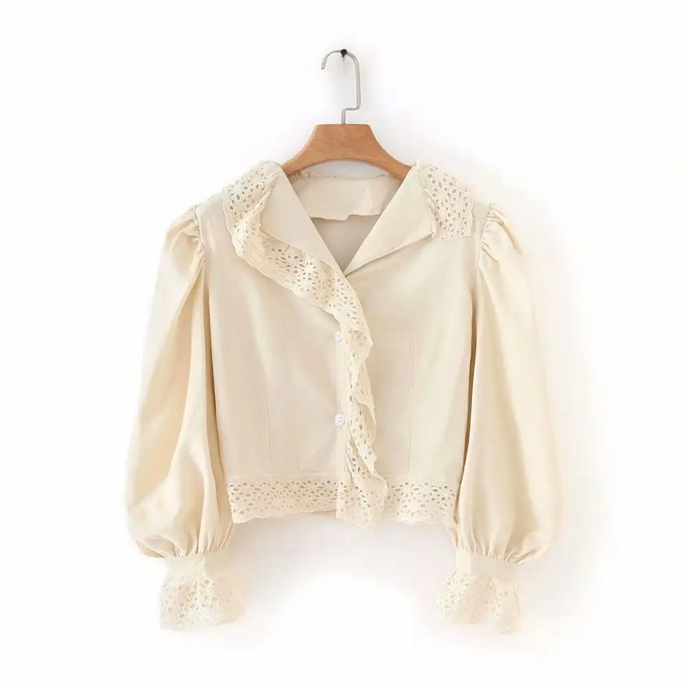 Женская Вельветовая блузка повседневная офисная с кружевными вязанными