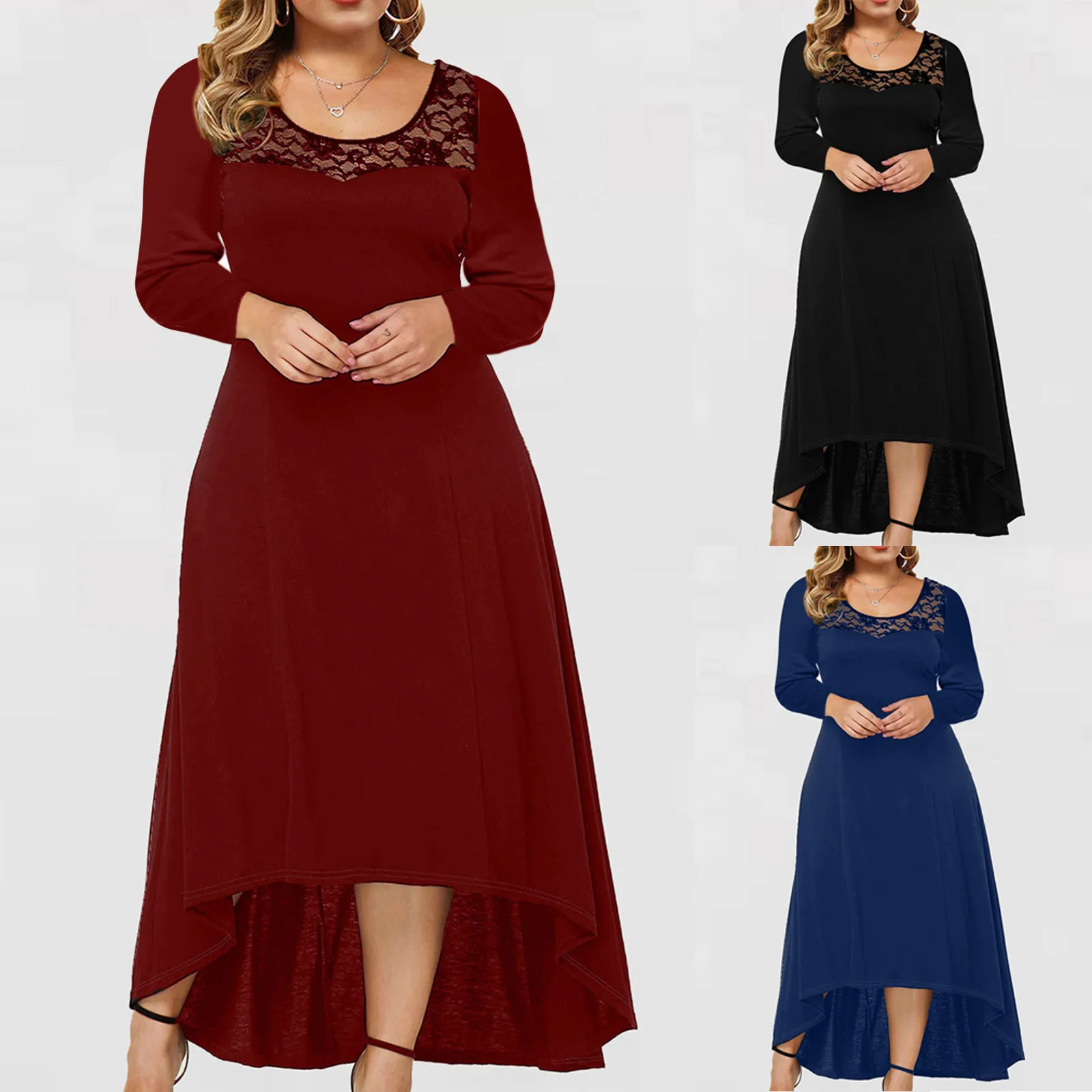 

Plus Size Women Dresses Sexy Irregular Hem Lace Splicing Solid Long Sleeve Pullover Party Dress Casual Women's Dresses Vestidos