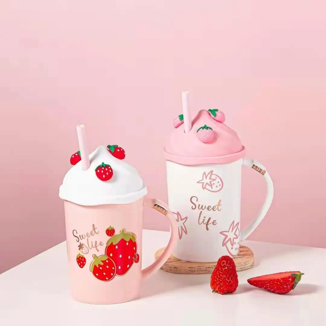 

Strawberry Cup Ice Cream Mug with Straw Cute Girl Ceramic Cup Personality Water Cup Trend Cup Christmas Gift Coffee Mug with Lid