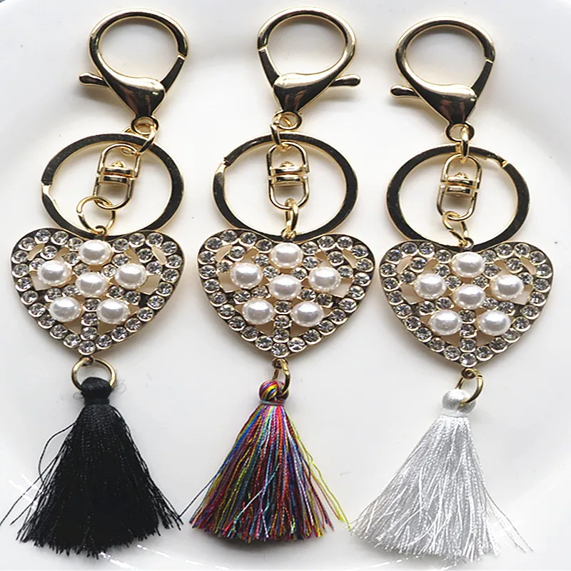 

New Fashion Heart Shape Keychain Full Diamond Pearl Tassel Key Ring Women Key Holder Female Heart Key Ring Jewelry Gifts
