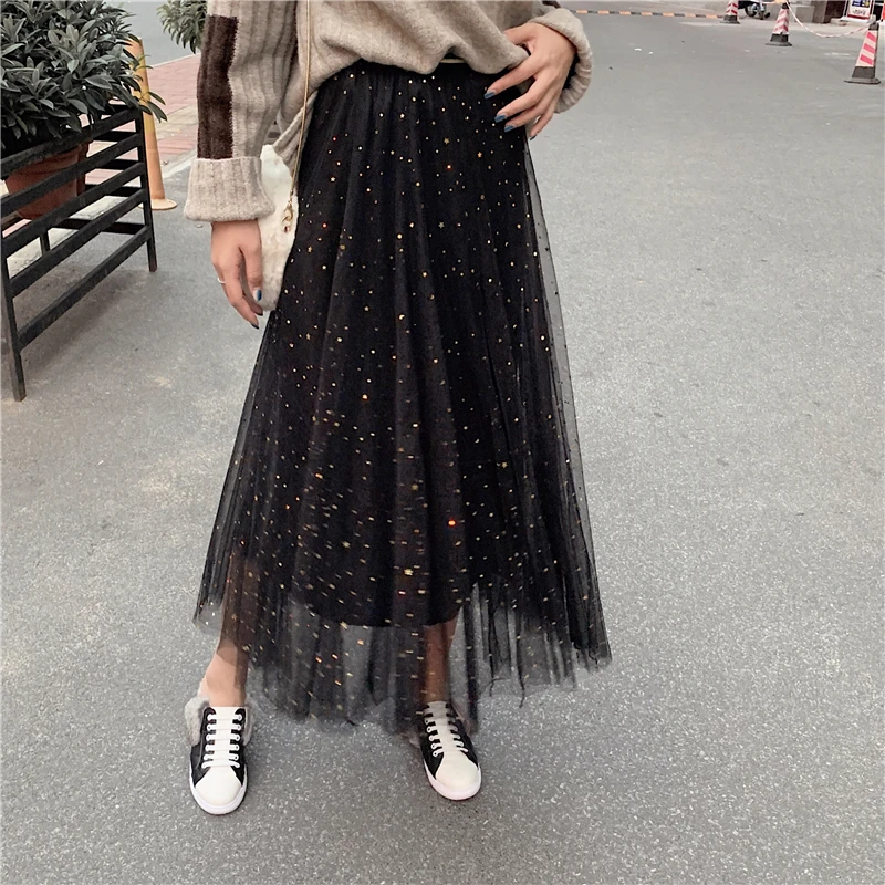 Женская трехслойная плиссированная юбка средней длины белая сетчатая длинная с